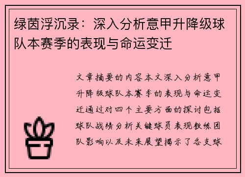 绿茵浮沉录：深入分析意甲升降级球队本赛季的表现与命运变迁