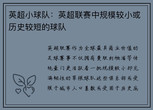 英超小球队：英超联赛中规模较小或历史较短的球队