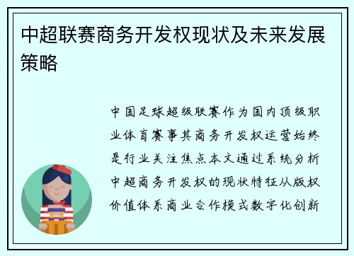 中超联赛商务开发权现状及未来发展策略